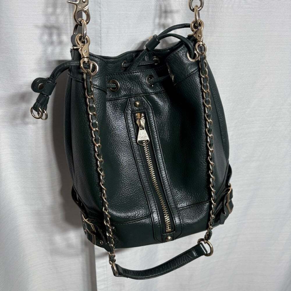 Dolce‎ Vita Dark Green Leather Bucket Bag Crossbody Chain Strap Boho Chic Lux